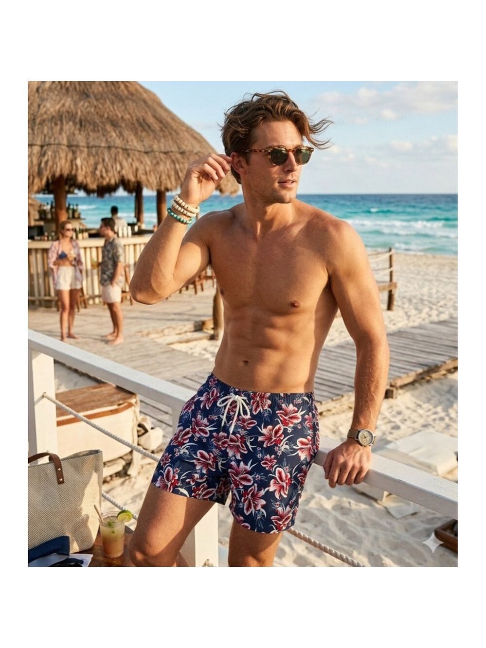 Men's Paisley & Gray Navy Red Floral Slim Fit Swim Trunks XL